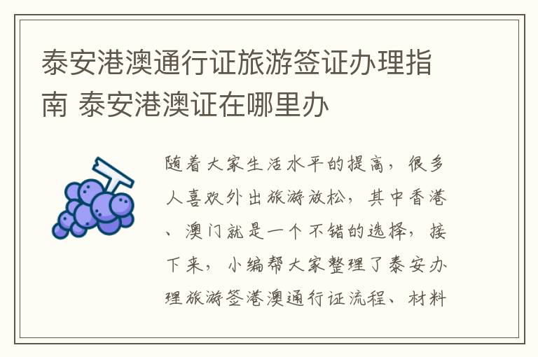泰安港澳通行证旅游签证办理指南 泰安港澳证在哪里办
