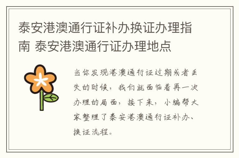泰安港澳通行证补办换证办理指南 泰安港澳通行证办理地点