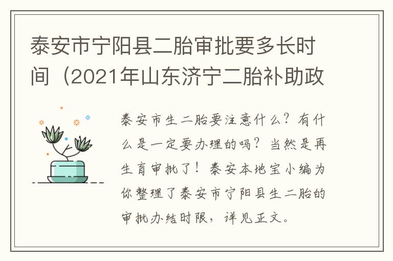 泰安市宁阳县二胎审批要多长时间（2021年山东济宁二胎补助政策）