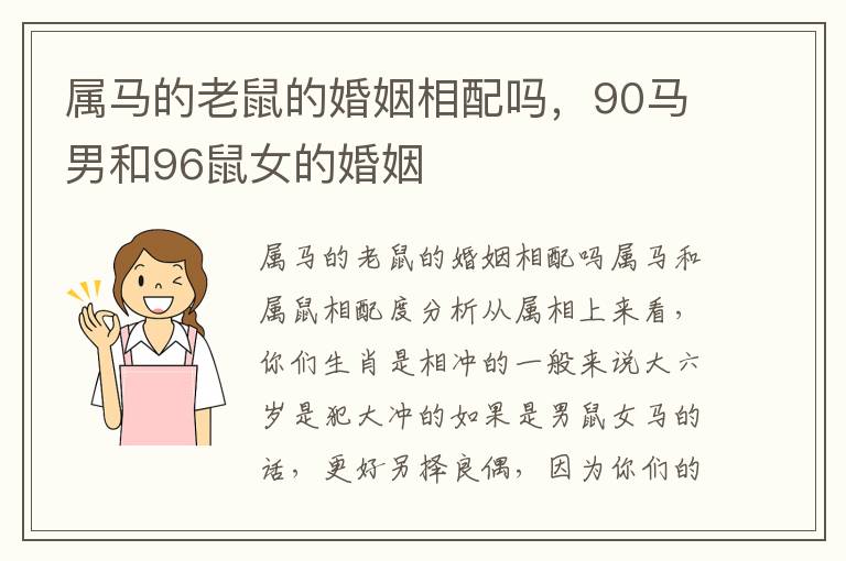 属马的老鼠的婚姻相配吗，90马男和96鼠女的婚姻