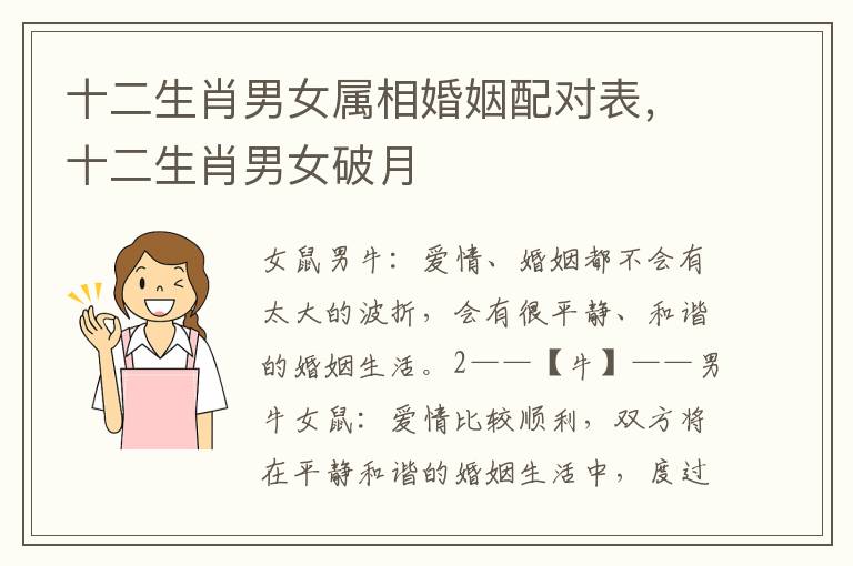 十二生肖男女属相婚姻配对表，十二生肖男女破月
