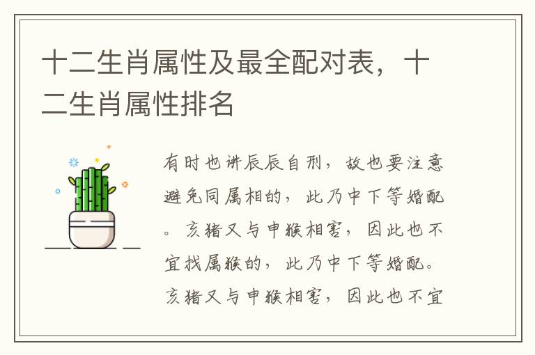 十二生肖属性及最全配对表，十二生肖属性排名