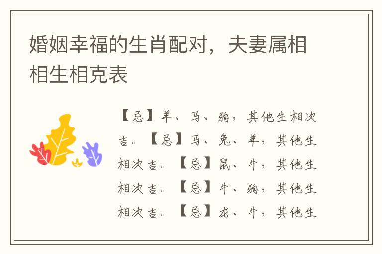 婚姻幸福的生肖配对，夫妻属相相生相克表
