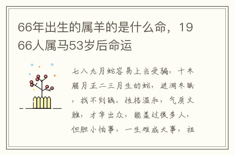 66年出生的属羊的是什么命，1966人属马53岁后命运