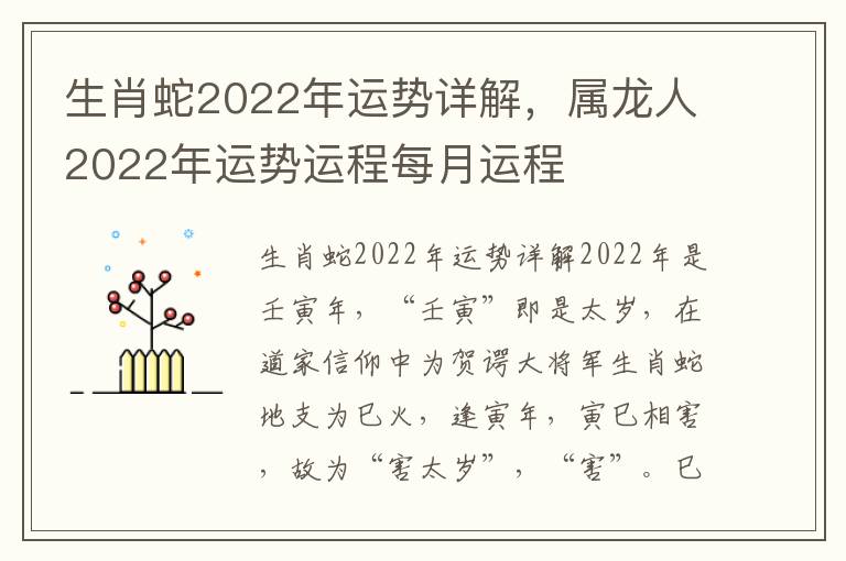 生肖蛇2022年运势详解，属龙人2022年运势运程每月运程