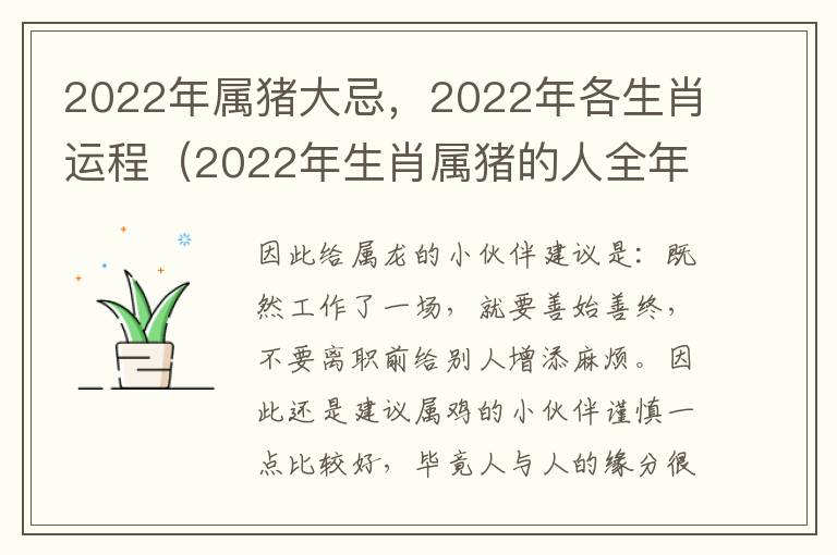2022年属猪大忌，2022年各生肖运程（2022年生肖属猪的人全年运势如何）