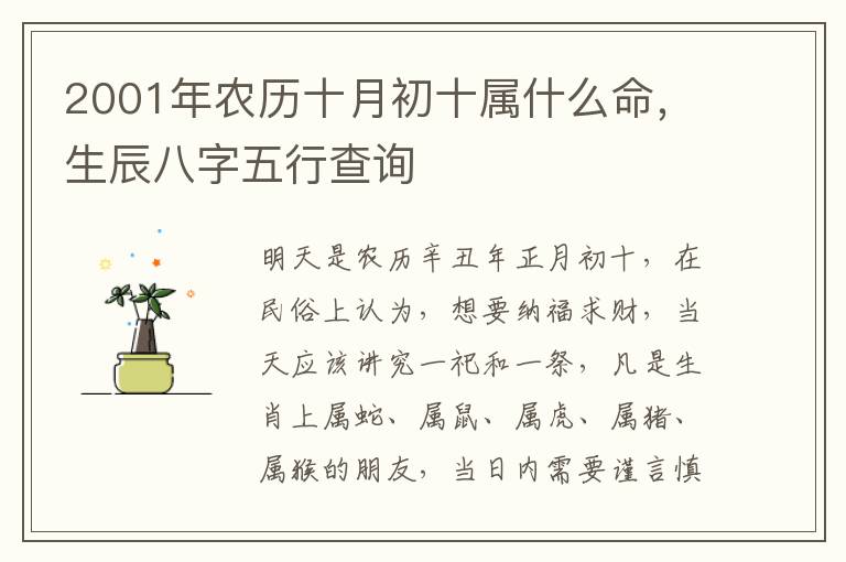 2001年农历十月初十属什么命,生辰八字五行查询