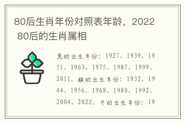 80后生肖年份对照表年龄，2022 80后的生肖属相