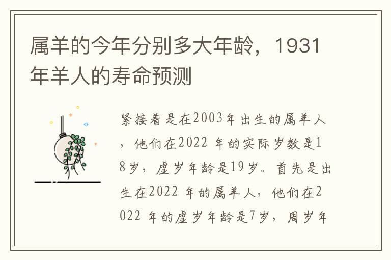 属羊的今年分别多大年龄，1931年羊人的寿命预测