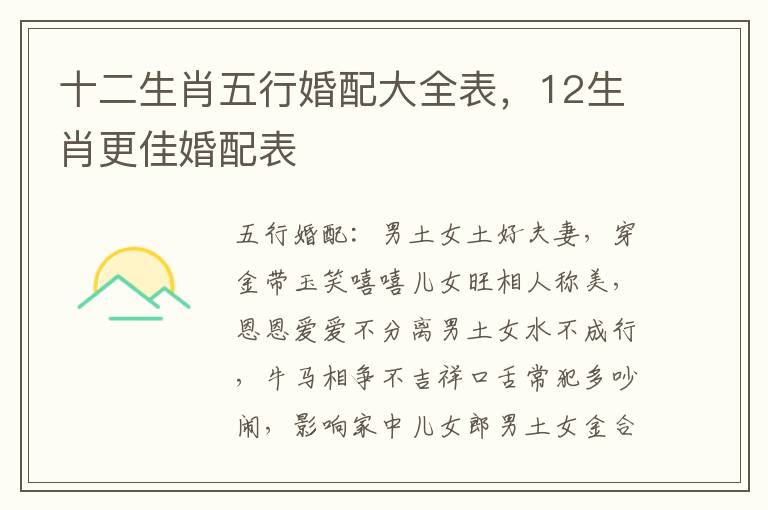 十二生肖五行婚配大全表，12生肖更佳婚配表