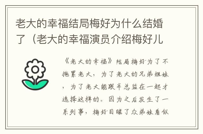 老大的幸福结局梅好为什么结婚了（老大的幸福演员介绍梅好儿子）