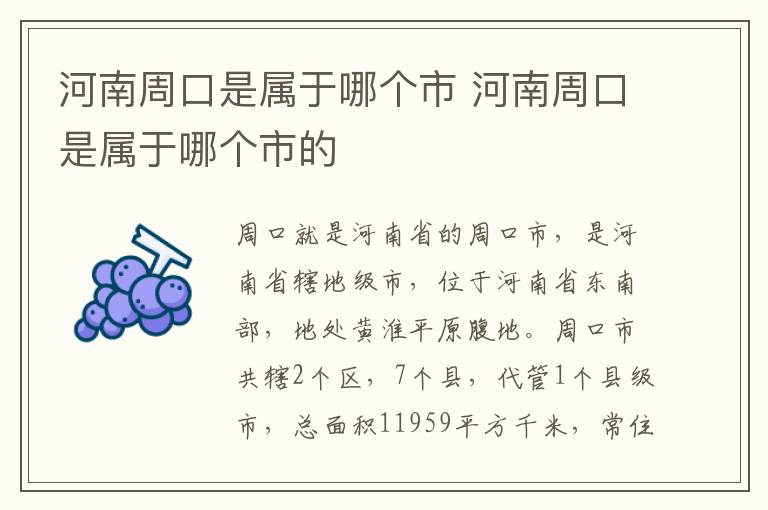 河南周口是属于哪个市 河南周口是属于哪个市的