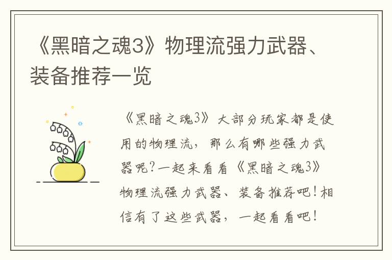 《黑暗之魂3》物理流强力武器、装备推荐一览