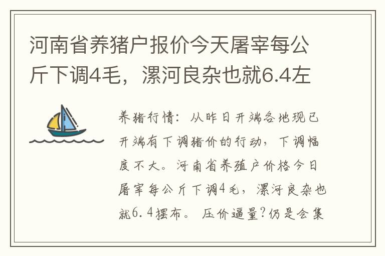 河南省养猪户报价今天屠宰每公斤下调4毛，漯河良杂也就6.4左右