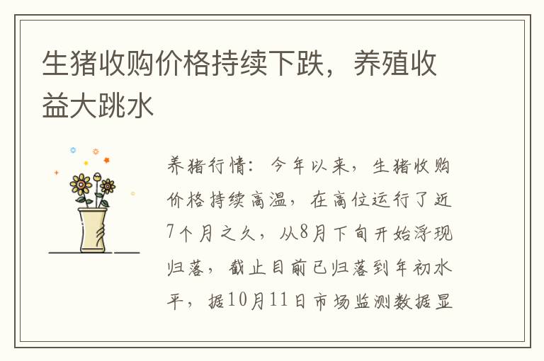 生猪收购价格持续下跌，养殖收益大跳水
