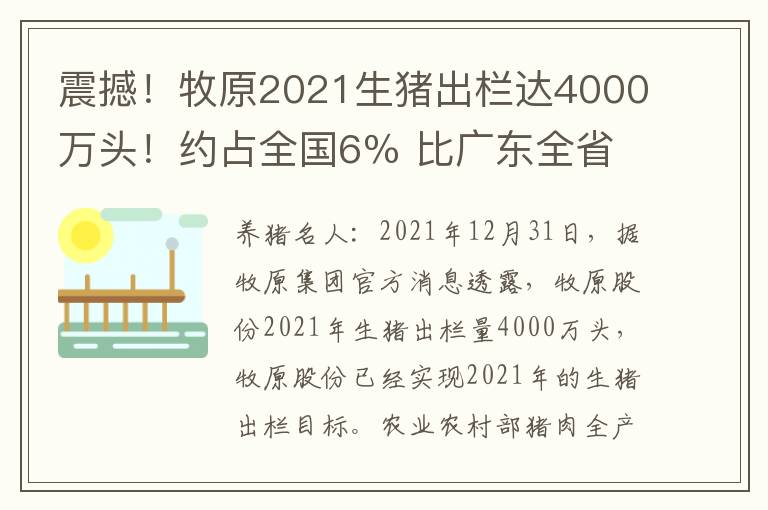震撼!牧原2021生猪出栏达4000万头!约占全国6% 比广东全省还多!
