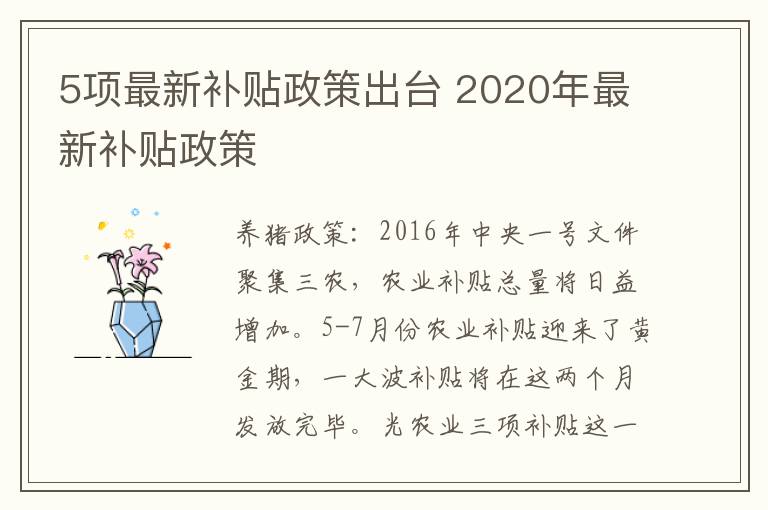 5项最新补贴政策出台 2020年最新补贴政策
