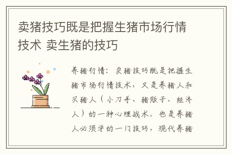 卖猪技巧既是把握生猪市场行情技术 卖生猪的技巧