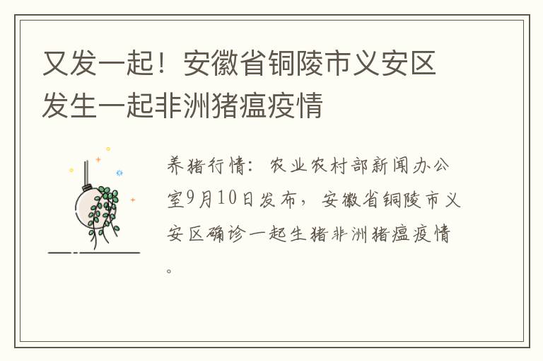 又发一起！安徽省铜陵市义安区发生一起非洲猪瘟疫情