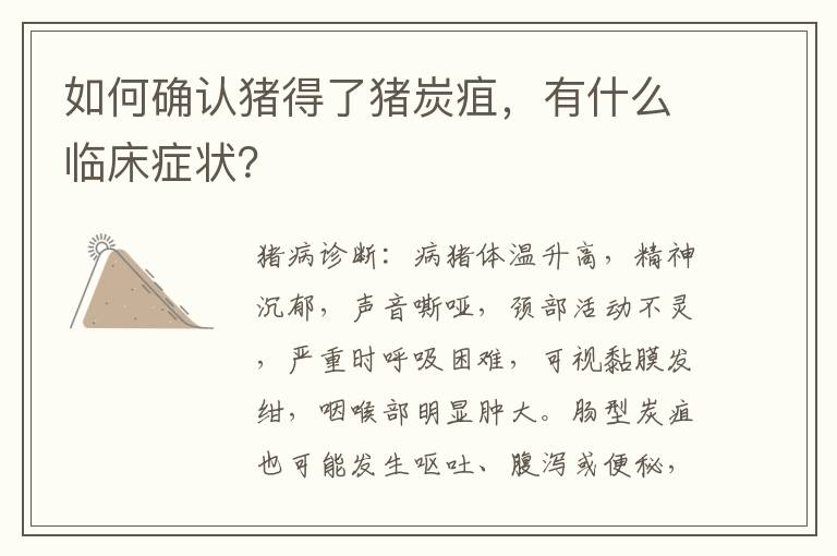 如何确认猪得了猪炭疽，有什么临床症状？