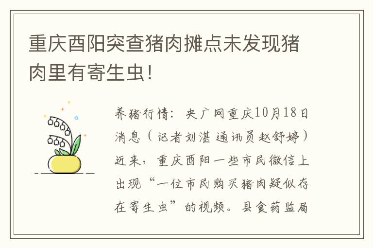 重庆酉阳突查猪肉摊点未发现猪肉里有寄生虫！