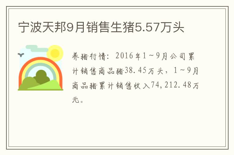 宁波天邦9月销售生猪5.57万头