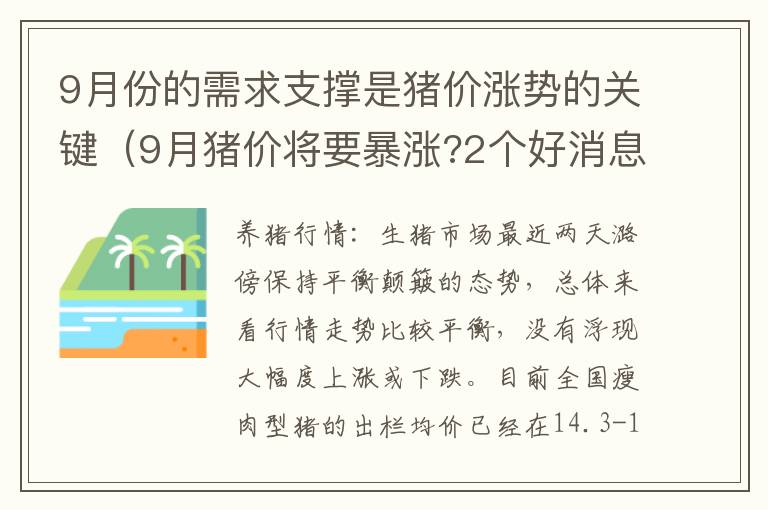 9月份的需求支撑是猪价涨势的关键（9月猪价将要暴涨?2个好消息到来,养猪户要开心了）