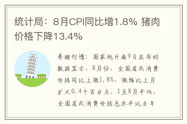 统计局：8月CPI同比增1.8% 猪肉价格下降13.4%