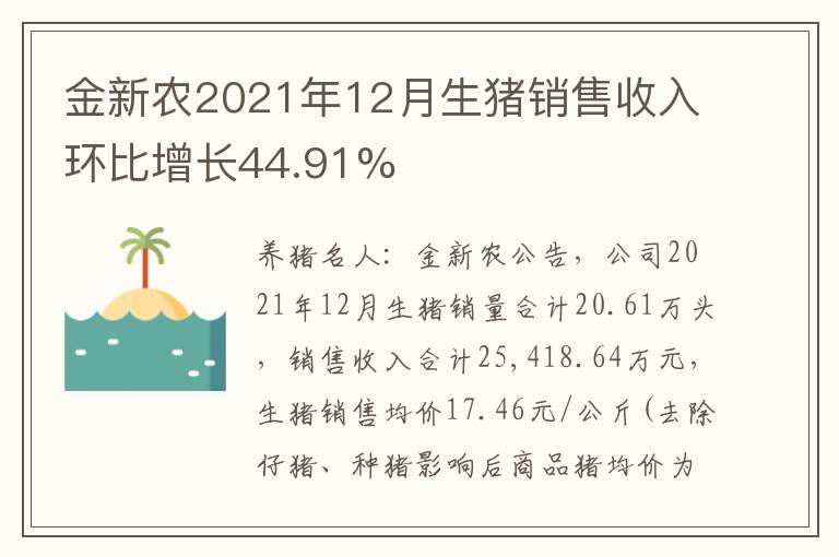 金新农2021年12月生猪销售收入环比增长44.91%