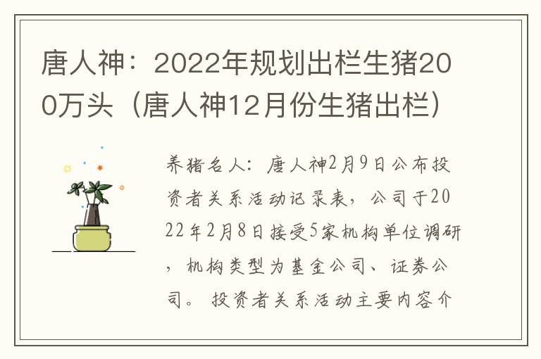 唐人神：2022年规划出栏生猪200万头（唐人神12月份生猪出栏）